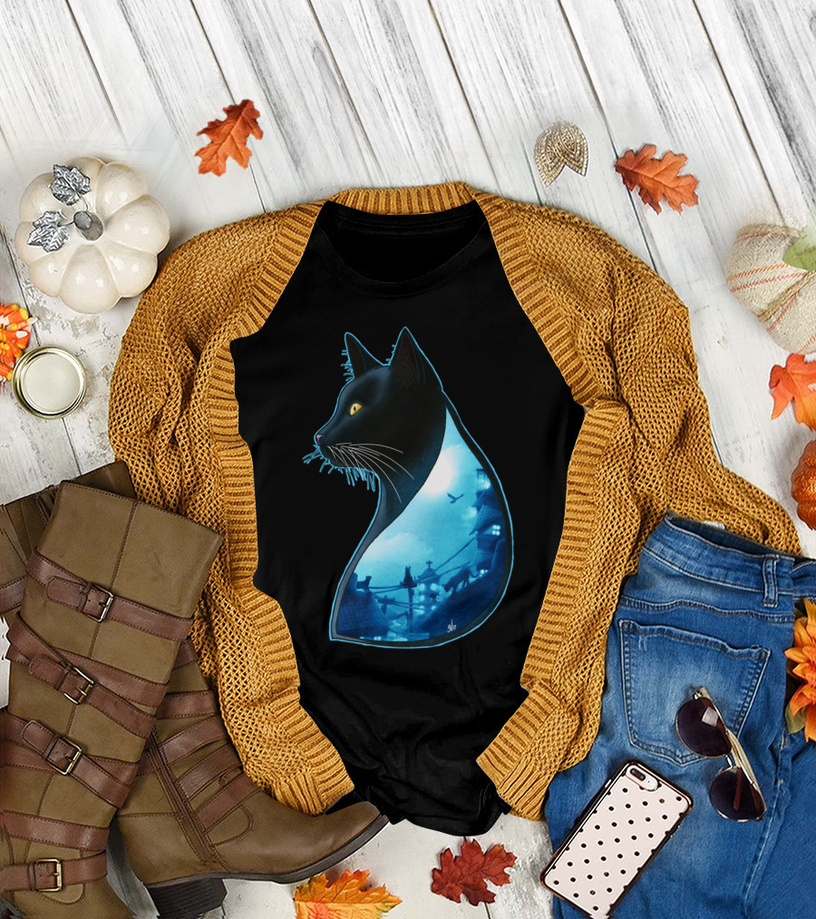Guardians Of The Night Cat Silhouette Moonlit Rooftops Scene T-Shirt