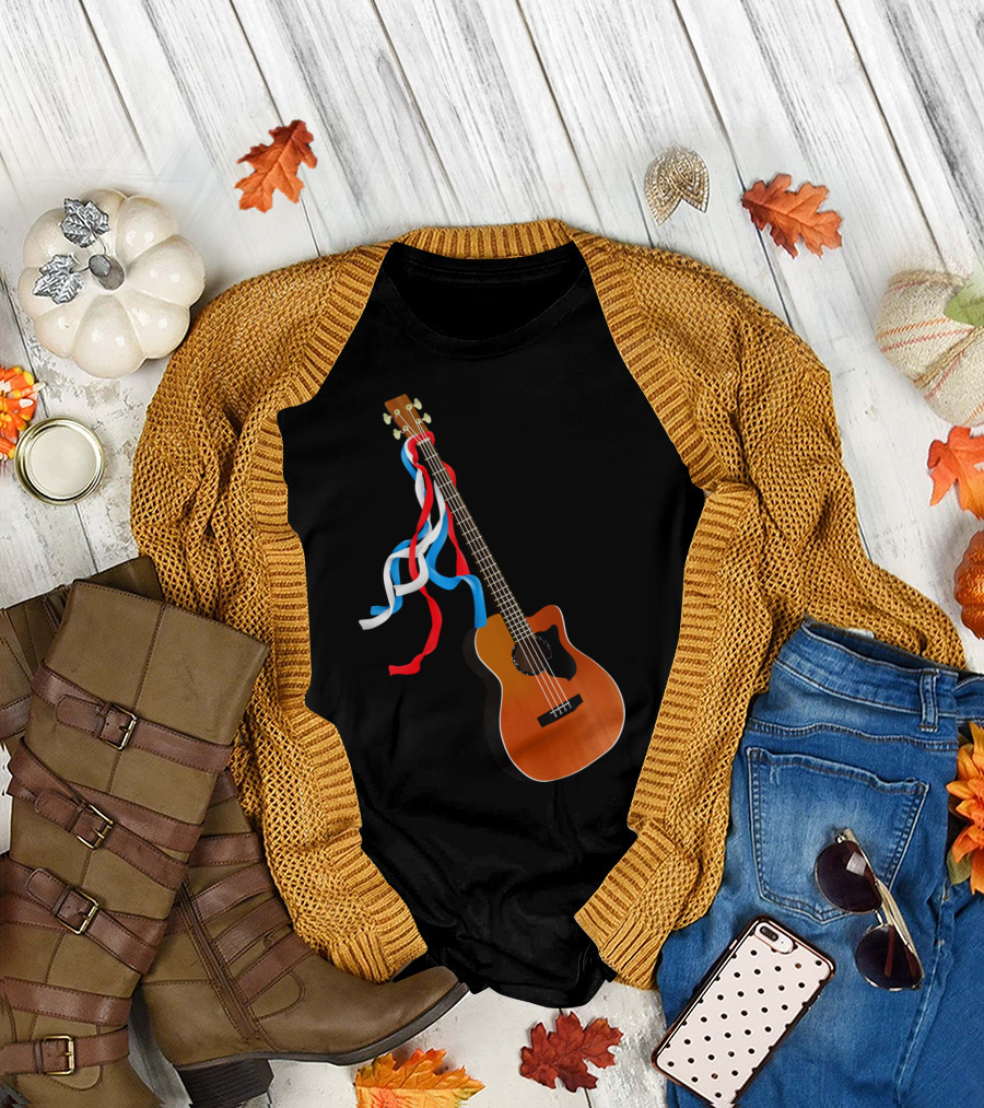 Acoustic Bass Guitar with Red White Blue Ribbons T-Shirt