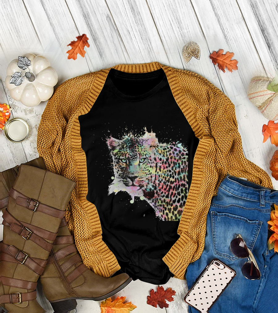 Cool Leopard Animal Watercolor Splatters Colorful Wildlife Expression T-Shirt