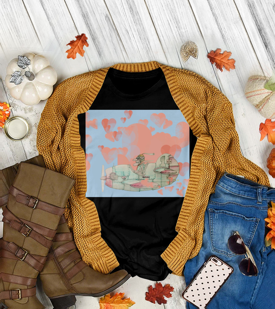 The Old Pilot and Plane with Heart Clouds in the Sky T-Shirt