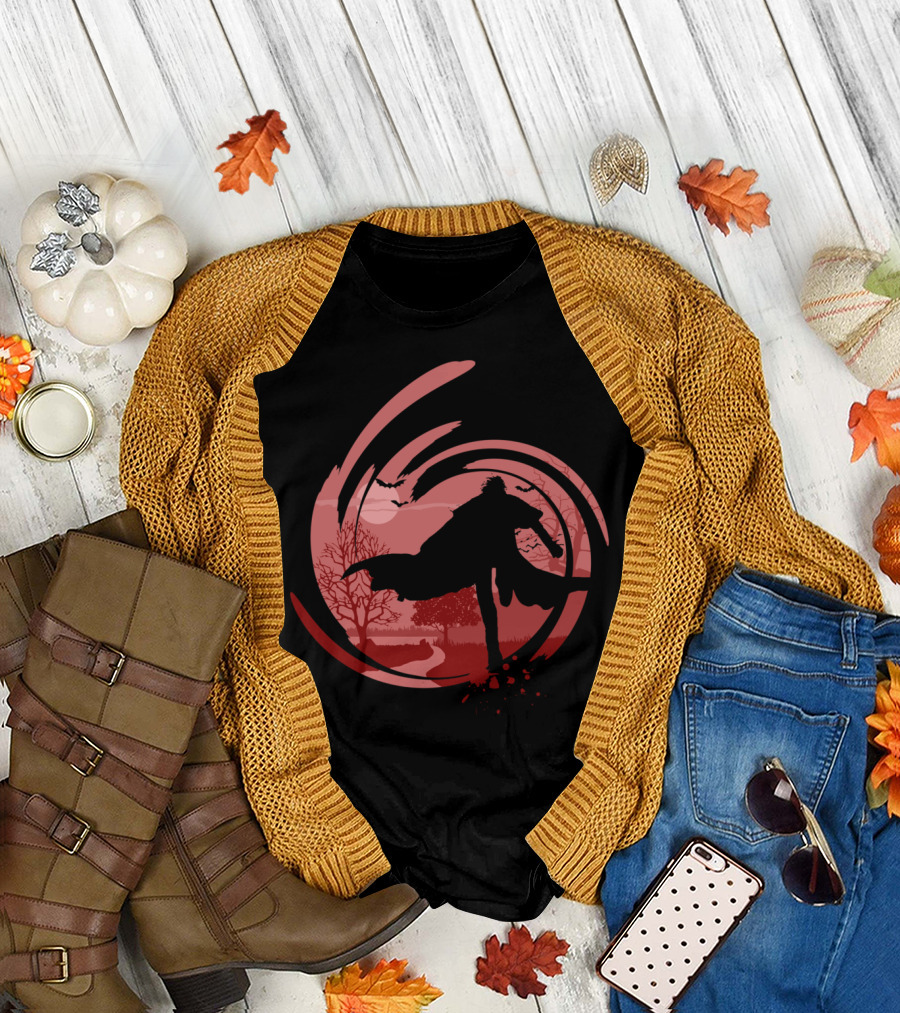 The Lord Vampire Of Hermes Silhouette in Red Swirl with Bats and Trees T-Shirt