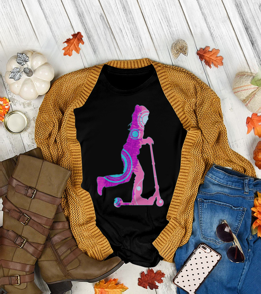Girl On Kick Scooter With Geometric Patterns and Vibrant Colors T-Shirt