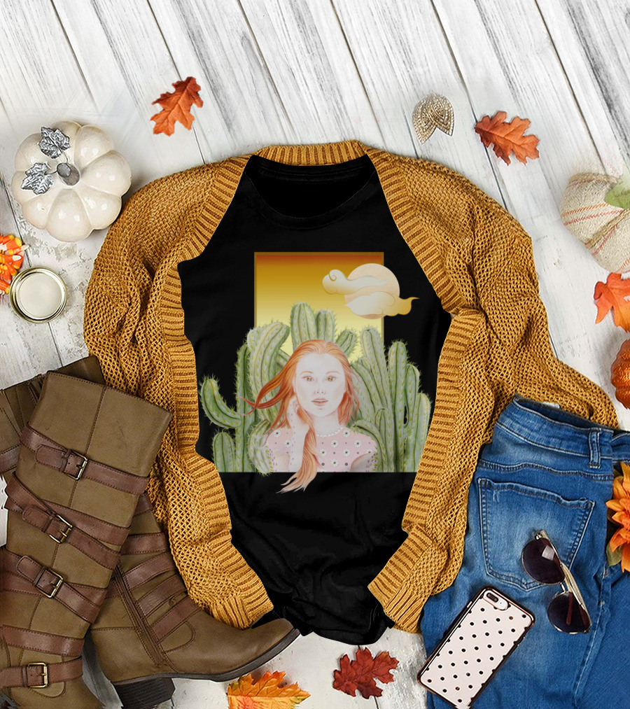 Girl Red Sunset Among Cacti T-Shirt