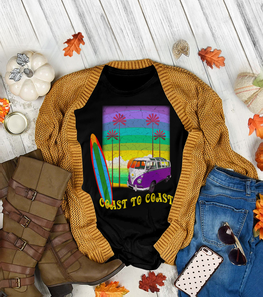 Coast to Coast Classic Surfing Van and Palm Trees Retro Vibes T-Shirt
