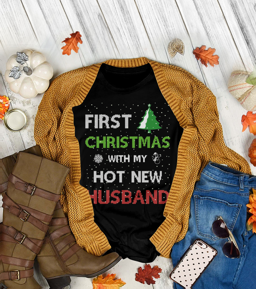 First Christmas with My Hot New Husband Christmas Tree Snowman Snowflakes T-Shirt