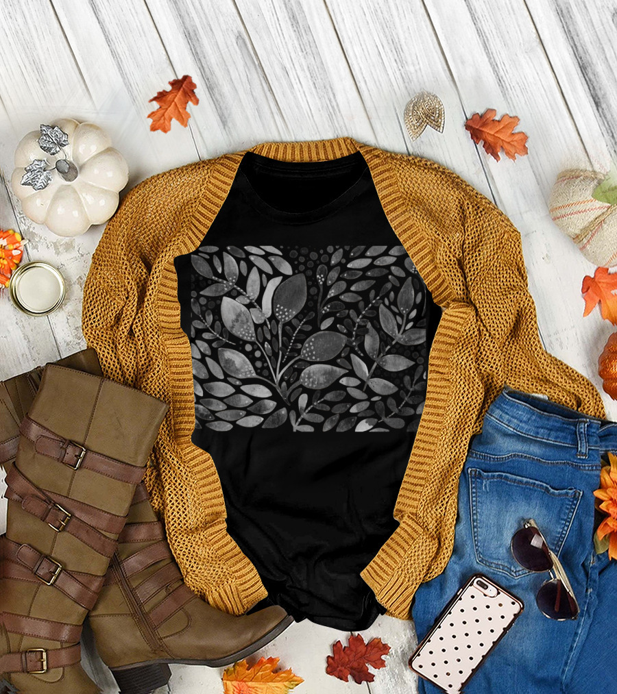 Black And White Watercolor Leaves Pattern Organic Nature Elements T-Shirt