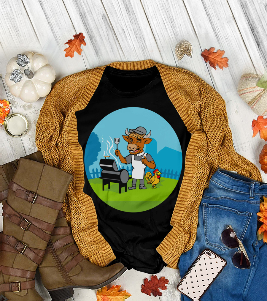 Clergy Cow Minister Barbecue Chef with Rooster by Grill T-Shirt