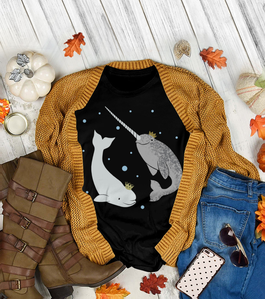 The Prince and Princess of Whales Featuring Crowned Beluga and Narwhal with Bubbles T-Shirt