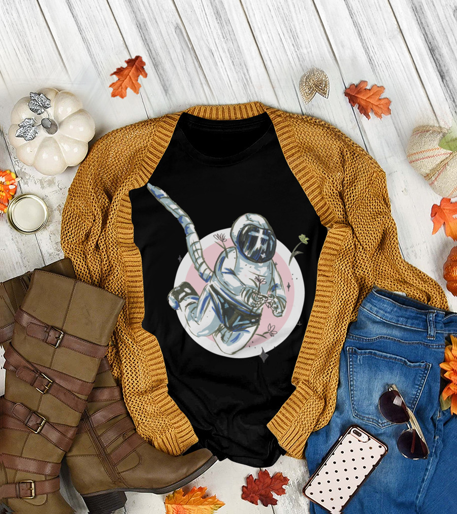 Astronaut Floating with Flowers in Cosmic Circle T-Shirt
