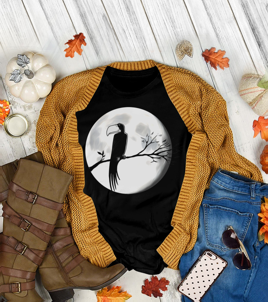 Black Bird on Branch Silhouette Against Full Moon T-Shirt