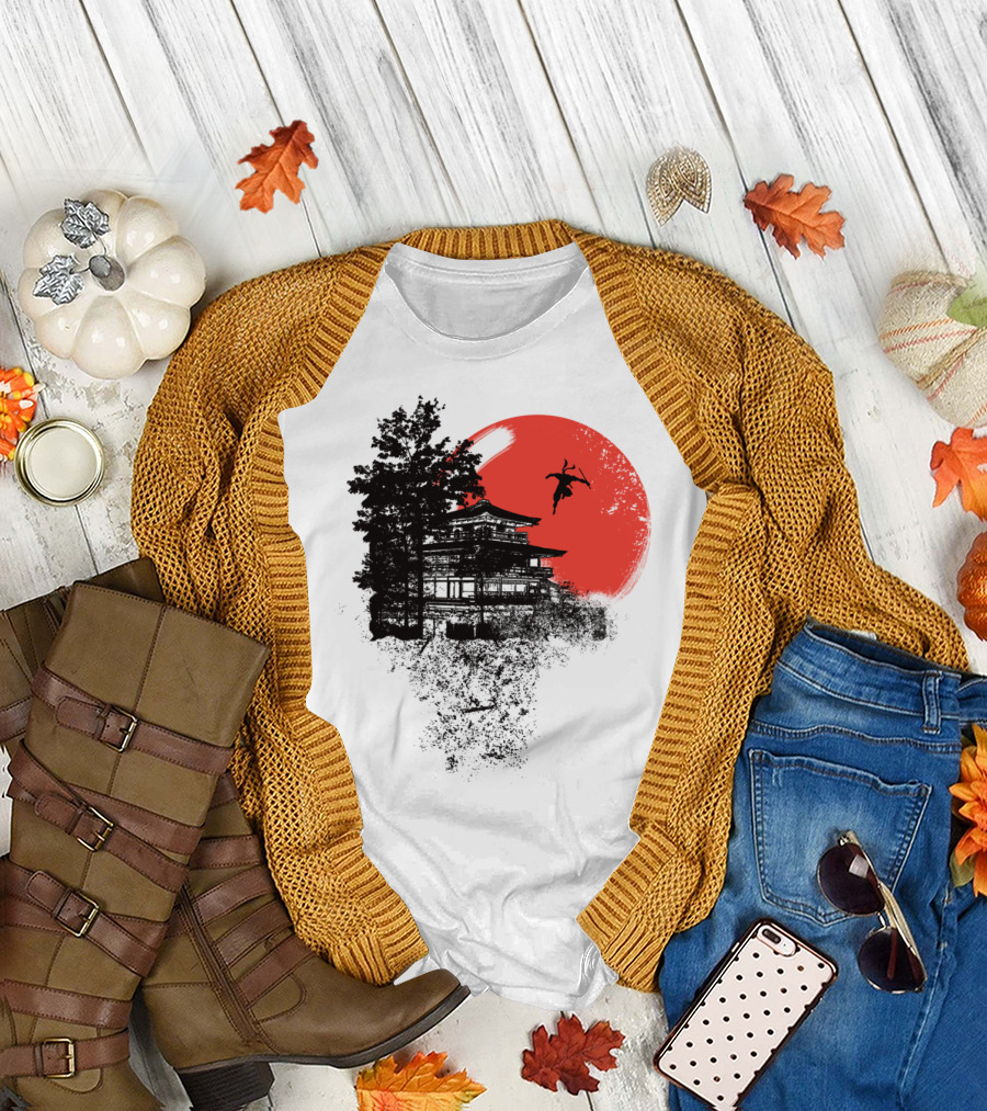 Jump And Fly Ninja Over Japanese Pagoda Red Sun T-Shirt