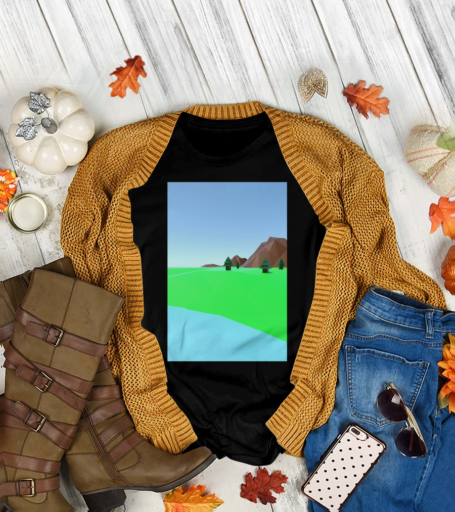 Field Low Poly Landscape with Mountains and Trees T-Shirt