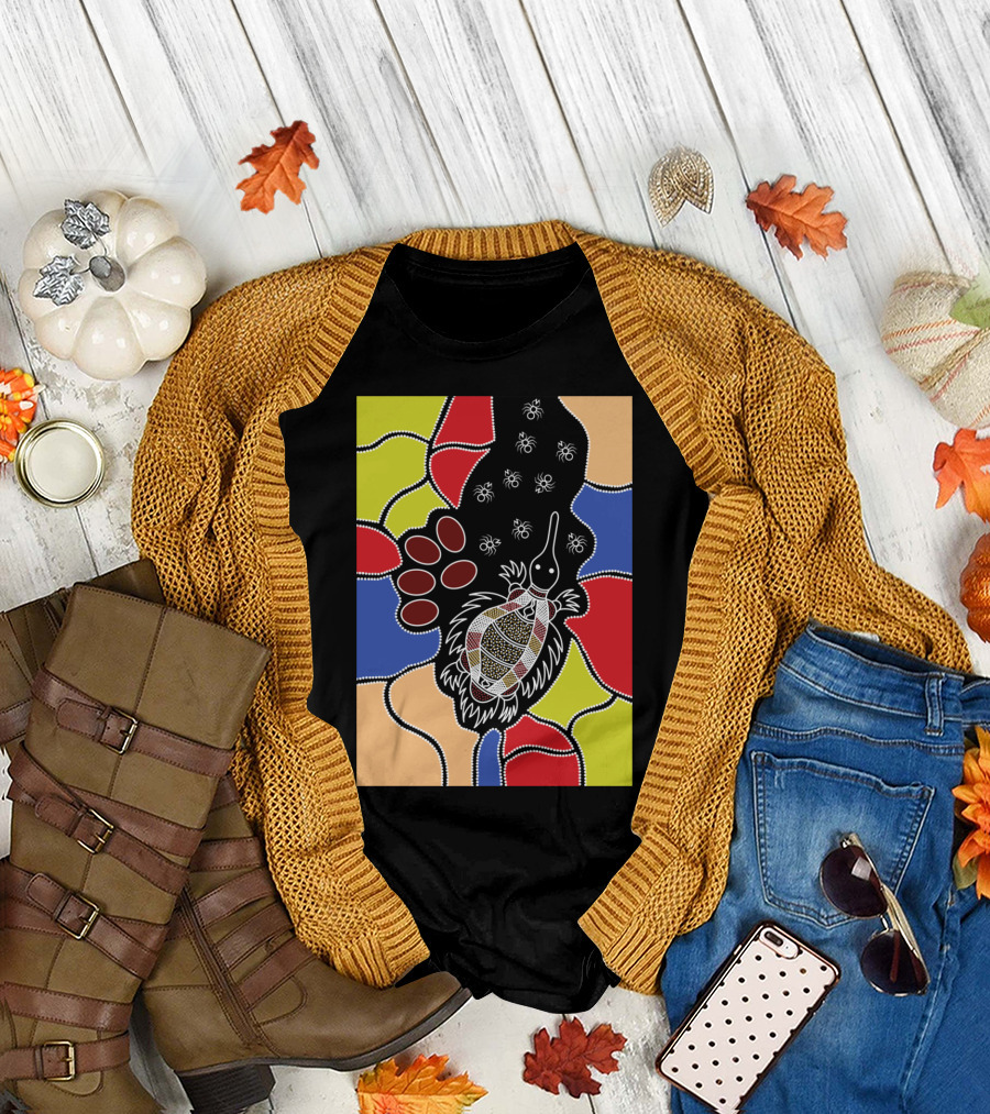 Authentic Aboriginal Art Echidna Dreaming with Colorful Geometric Patterns and Animal Motifs T-Shirt
