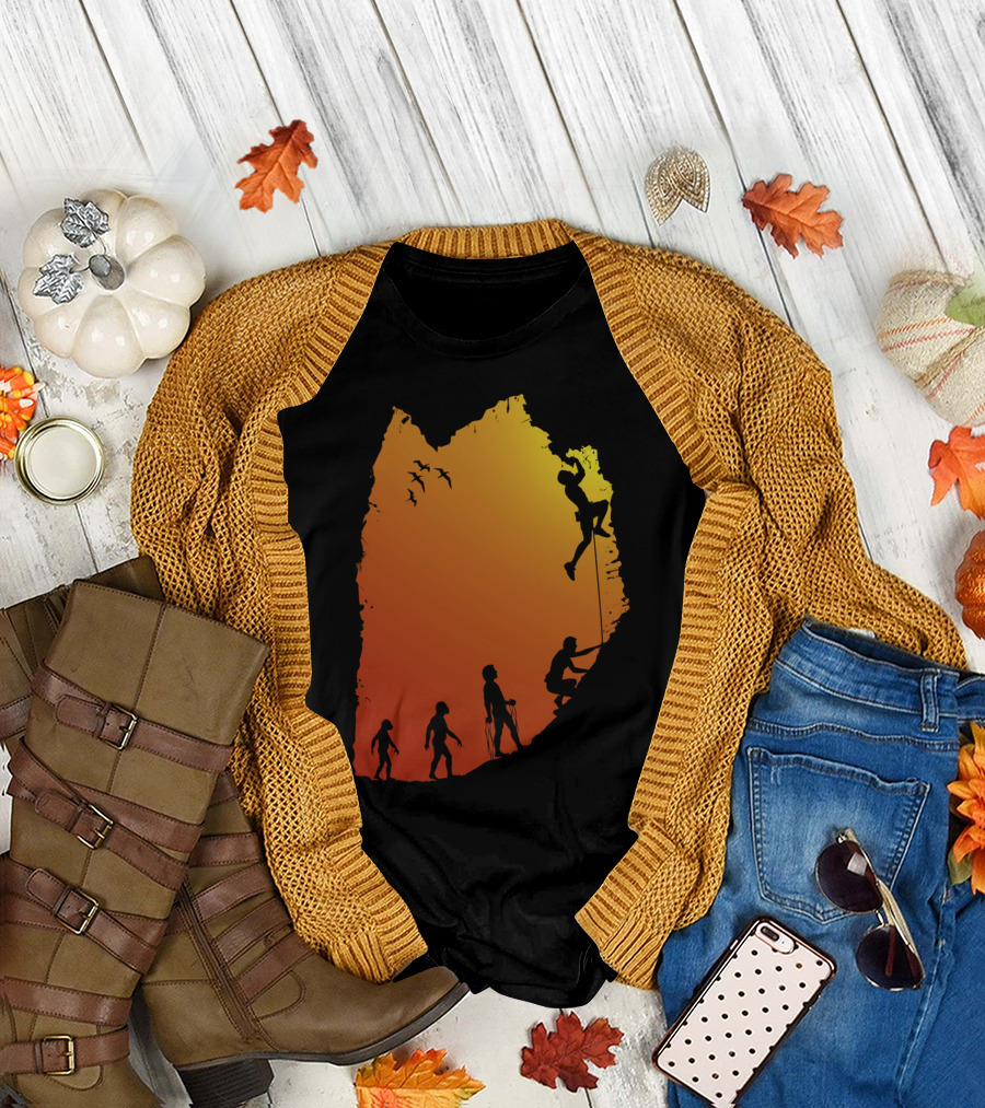 Climb Evolution of Rock Climbing Silhouette against Sunset Cliff Background T-Shirt
