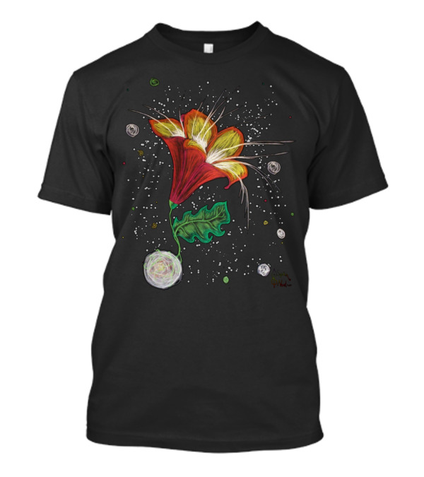 Red Lily Blooming In Cosmic Space With Swirling Stars T-Shirt