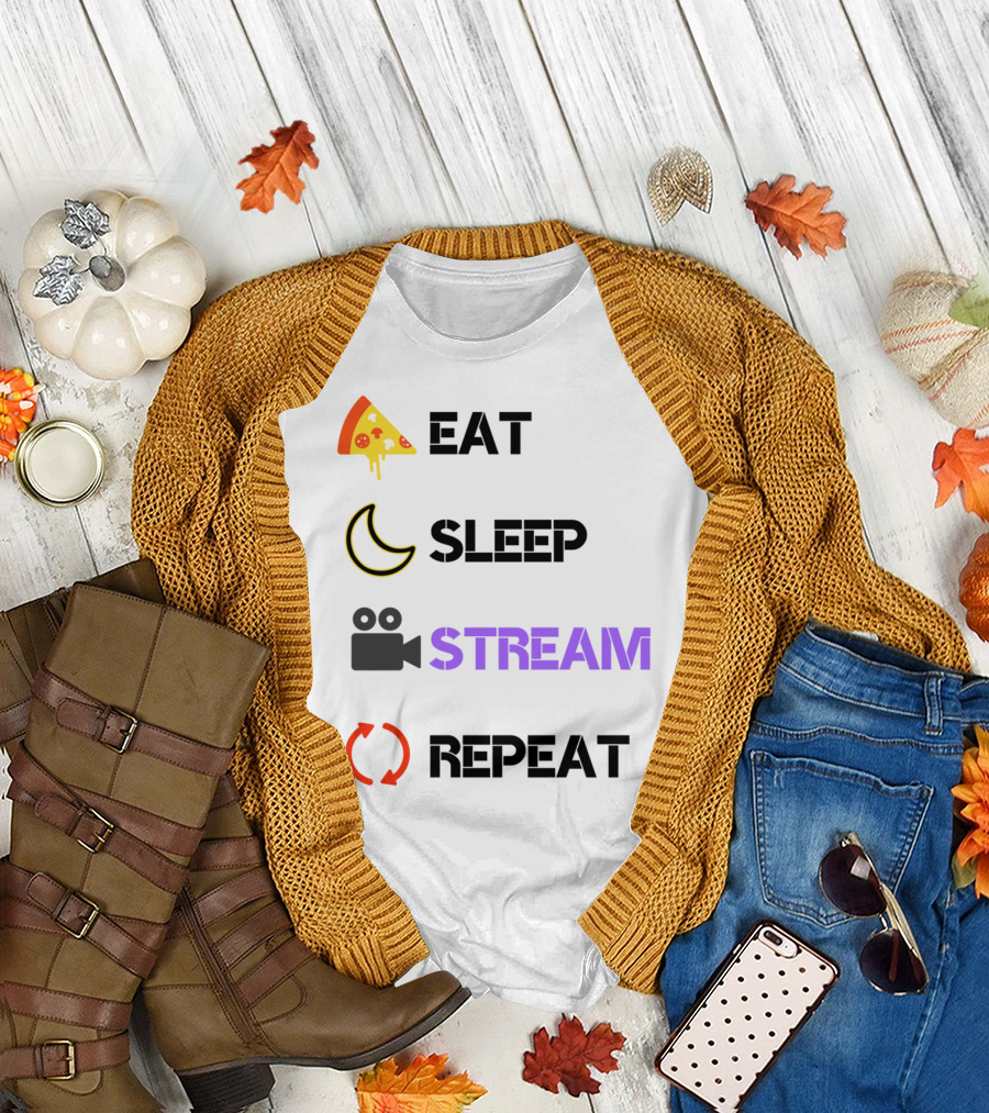 Eat Sleep Stream Repeat Pizza Moon Camera Gaming T-Shirt
