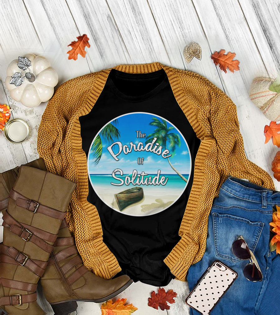 The Paradise Of Solitude Ocean View with Palm Trees and Boat T-Shirt