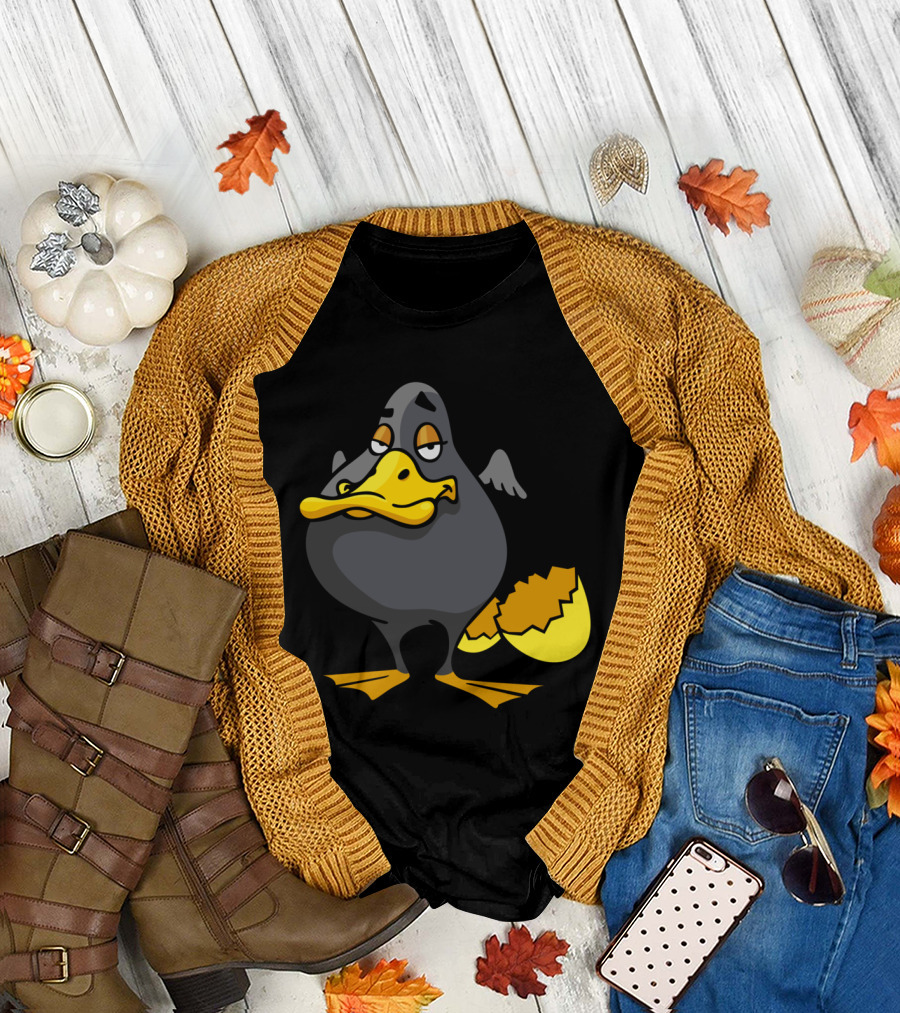 Black Duck Quirky Cartoon Character with Broken Eggshell T-Shirt