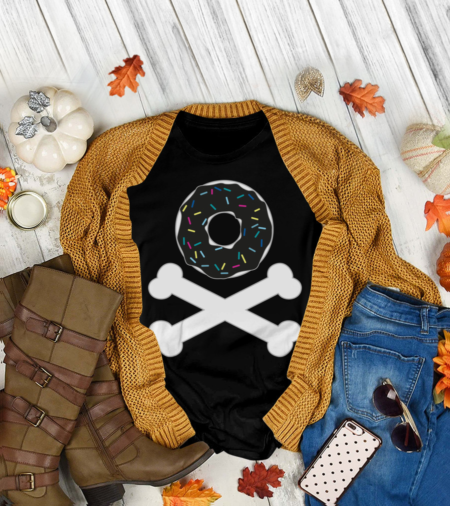 Black Sprinkled Donut Crossbones Skull T-Shirt