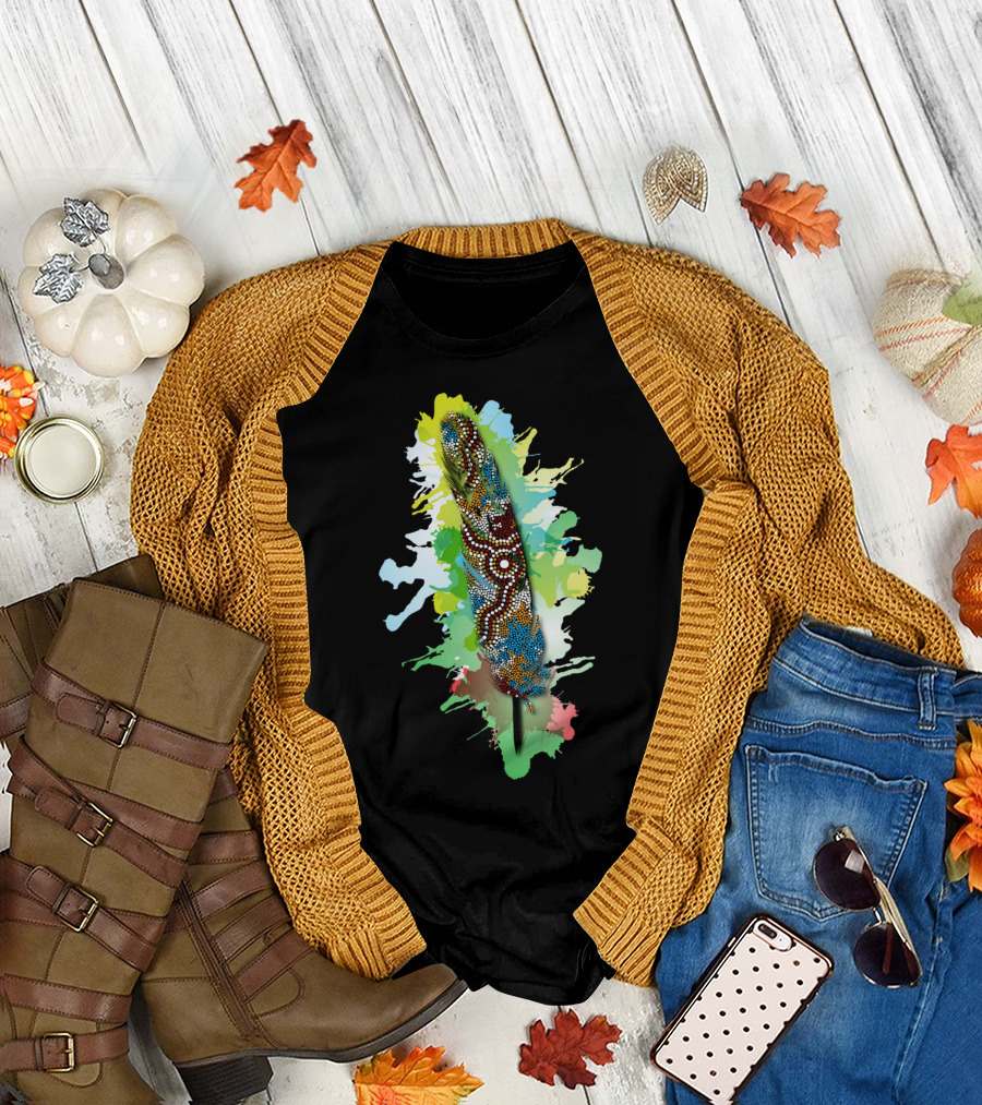 Authentic Aboriginal Art Wetland Feat Dot Painted Feather on Colorful Splash T-Shirt