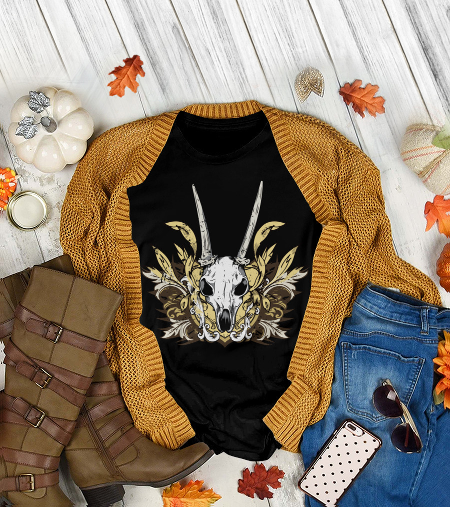 Goat Skull Crest Engraved Floral Emblem T-Shirt