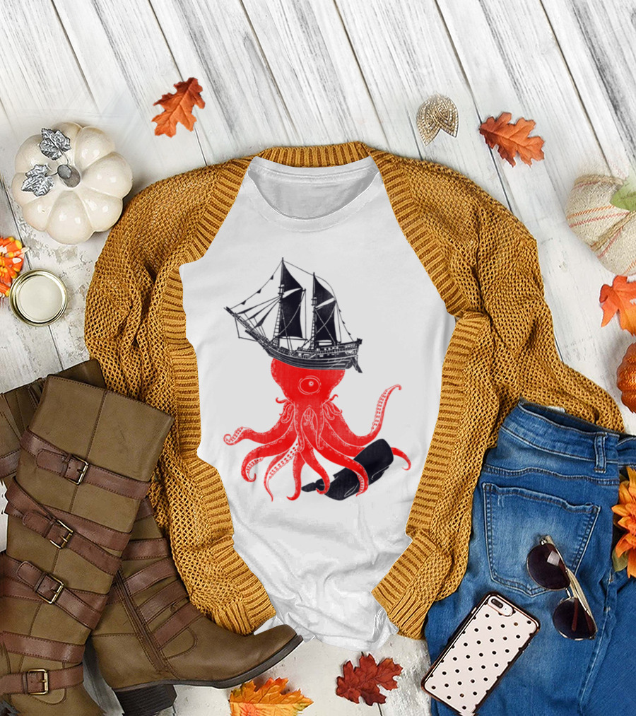 BEWARE Red Octopus Ship Hat Pirate Kraken T-Shirt