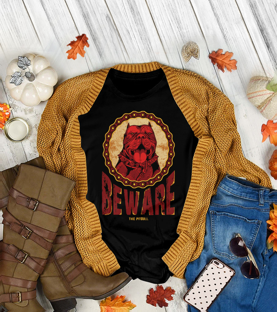 BEWARE THE PITBULL SPOTTED TONGUE GROWL ALERT CIRCLE FRAME T-Shirt