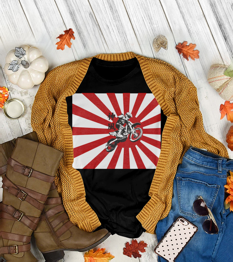 Kamikaze Motocross Rising Sun Motif Japan Kanji T-Shirt