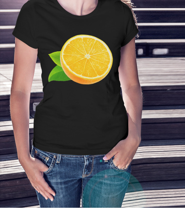 Half Of Orange Fruit Slice With Leaves T-Shirt