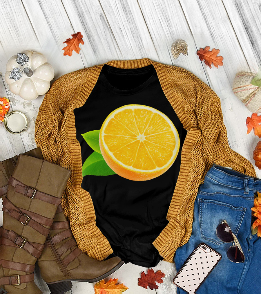 Half Of Orange Fruit Slice With Leaves T-Shirt