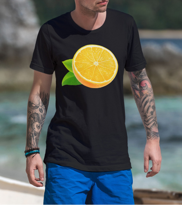 Half Of Orange Fruit Slice With Leaves T-Shirt