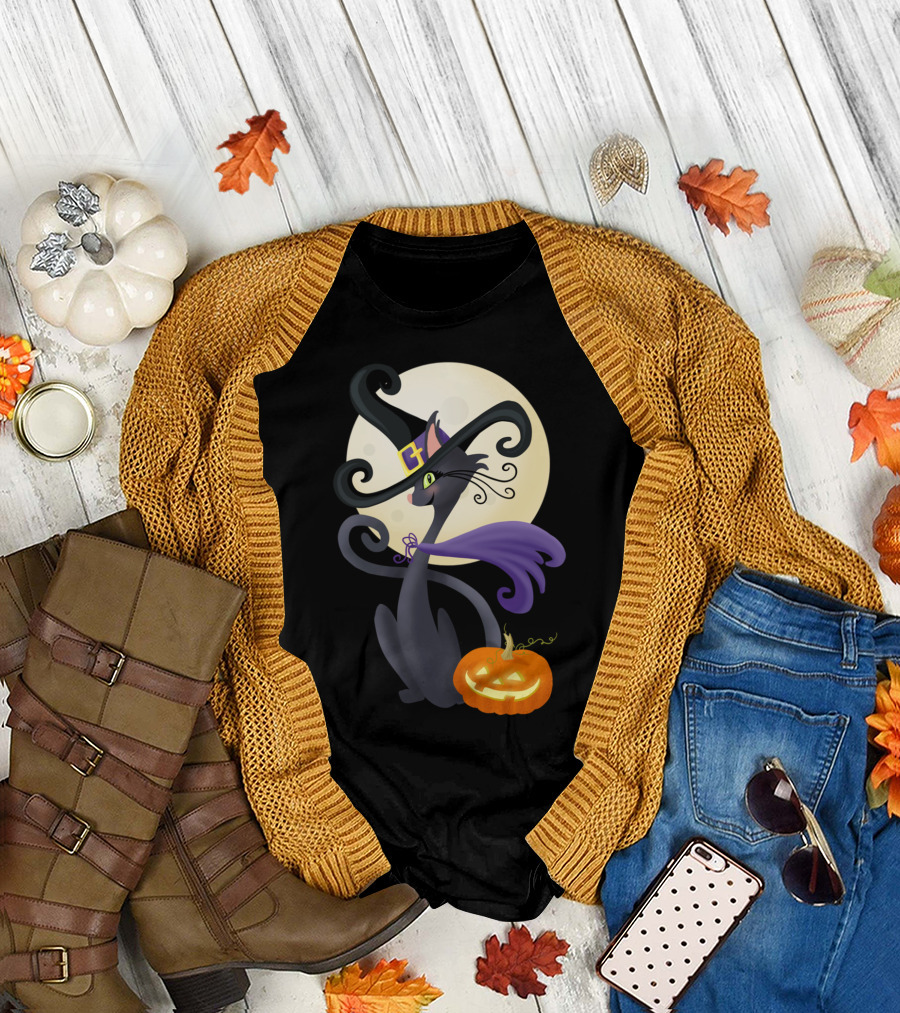 Bewitching Halloween Kitty Cat with Witch Hat and Pumpkin T-Shirt