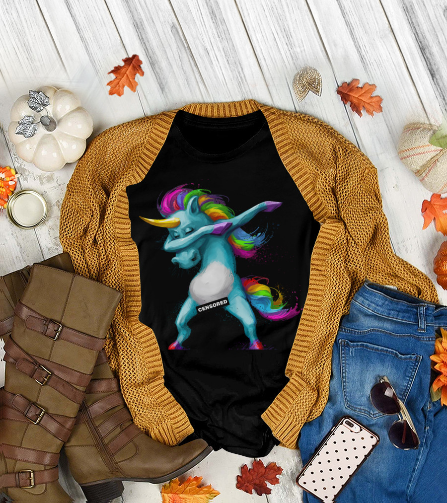 Dabbing Unicorn Censored Rainbow Hair Bow T-Shirt