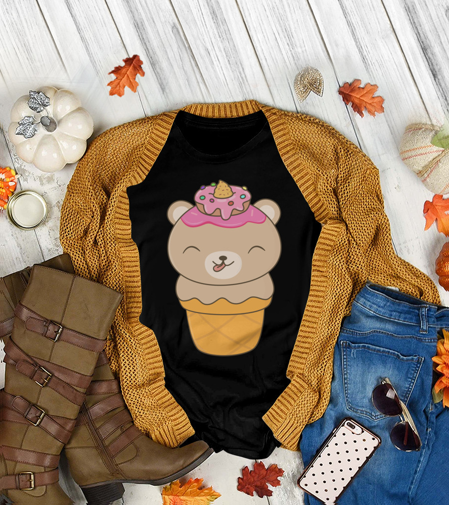 Kawaii Cute Bear Ice Cream Cone with Sprinkles and Pink Frosting T-Shirt