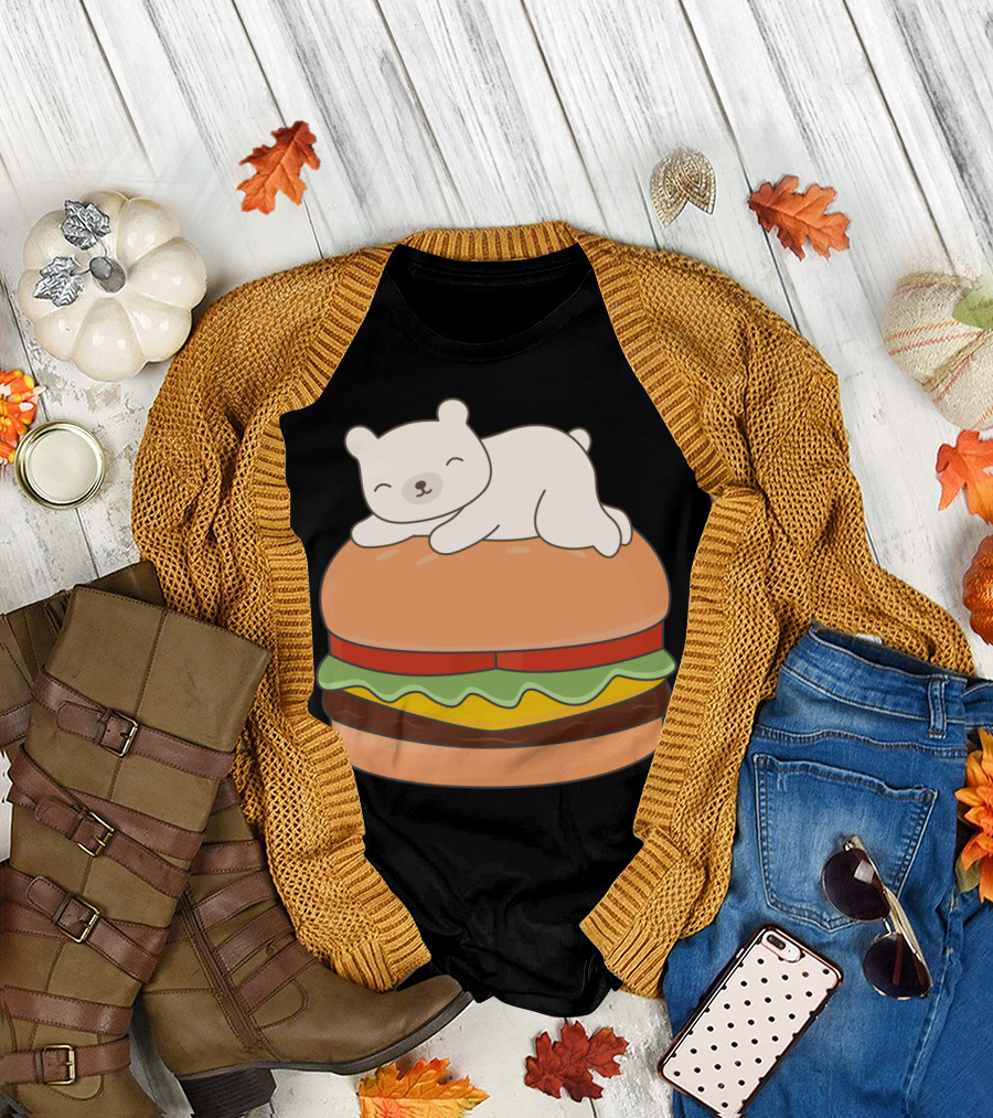 Kawaii Cute Polar Bear Sleeping on Burger T-Shirt
