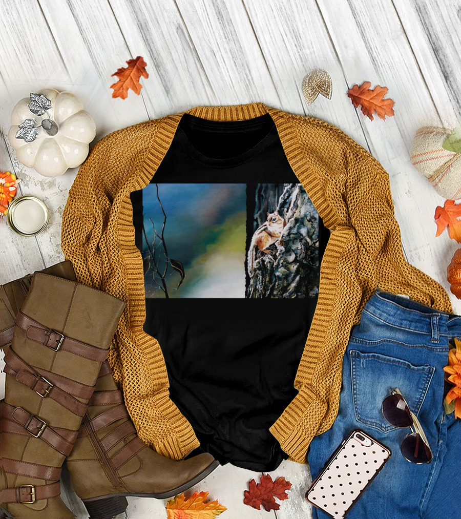 Autumn Dawn Chipmunk on Tree Bark with Fading Leaves T-Shirt