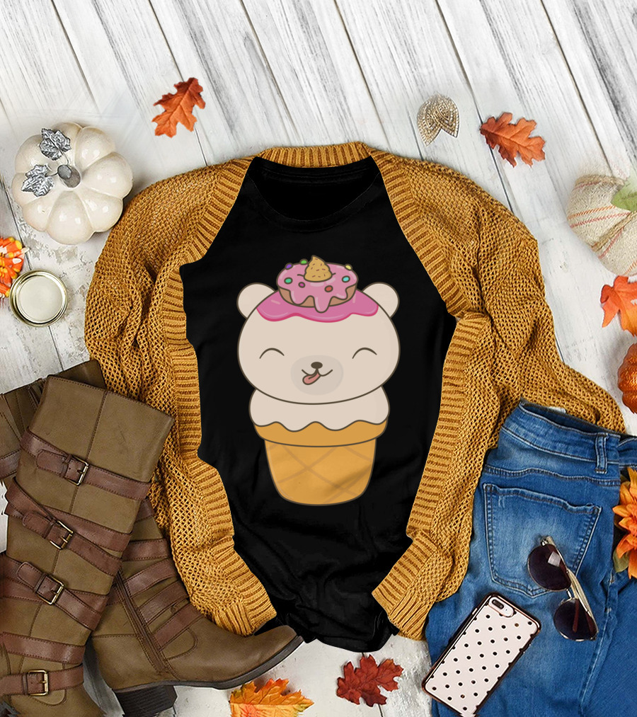 Kawaii Cute Polar Bear in Waffle Cone with Donut Hat Ice Cream Cone T-Shirt