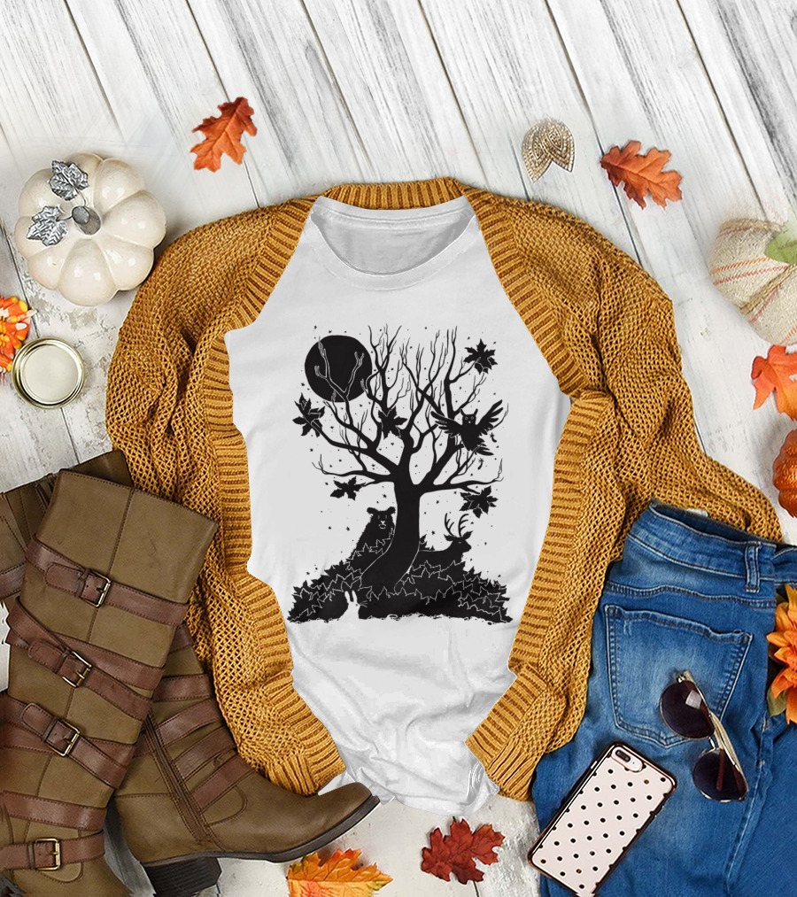 Autumn Forest Silhouette with Bear, Deer, Owl, and Rabbit Under Tree and Moon T-Shirt