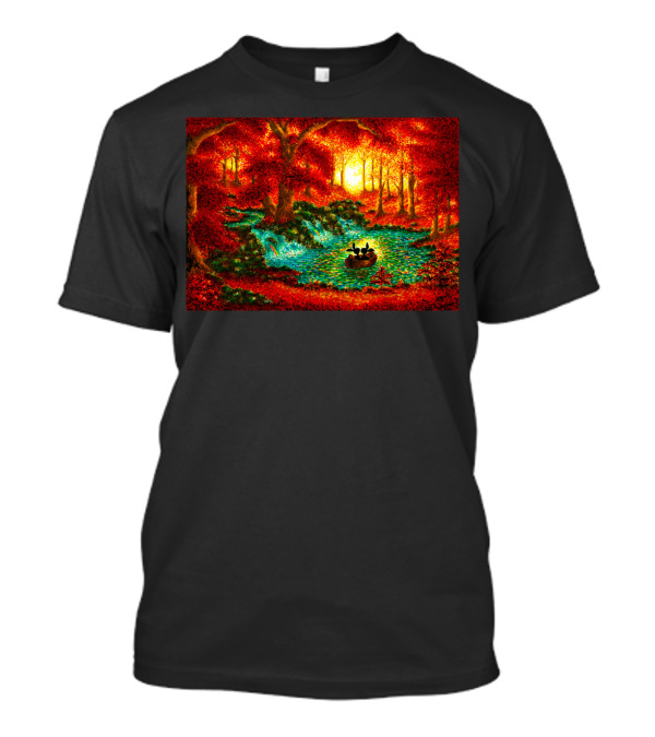 AUTUMN FUN SERENE LAKE SUNSET BOAT RIDE AMONG RED TREES T-Shirt