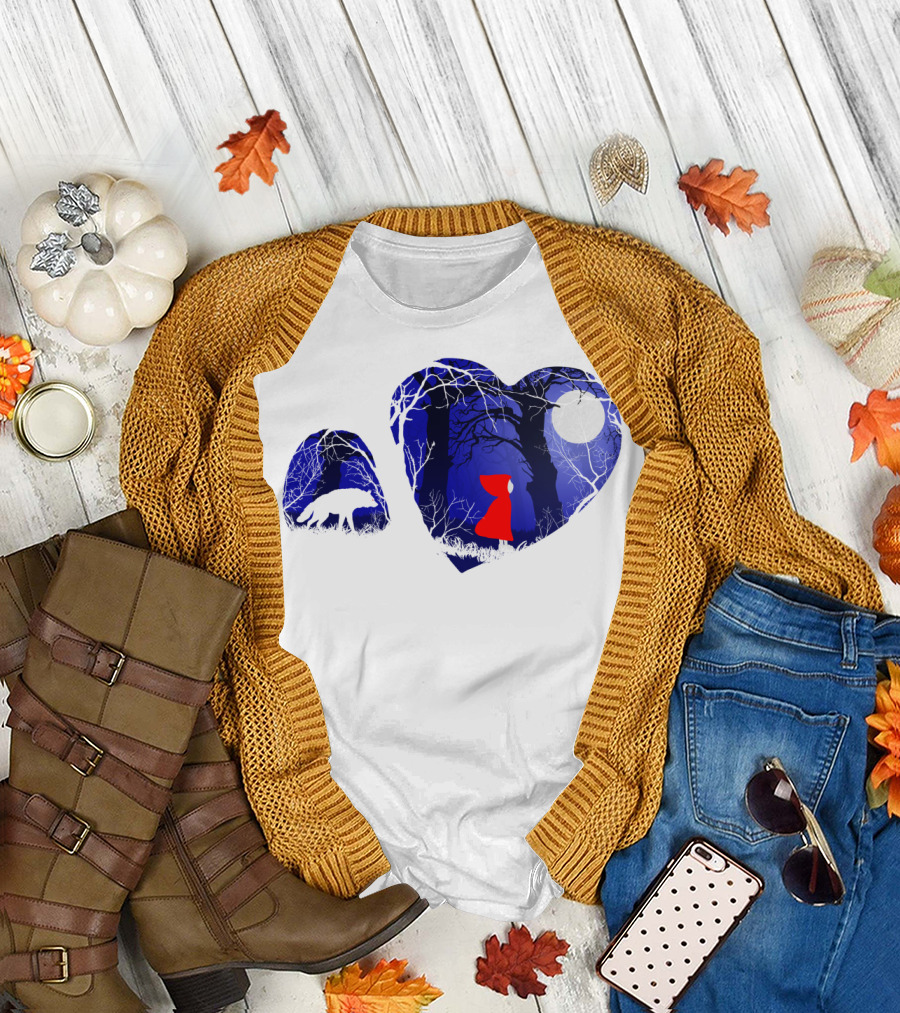 Dusk In The Woods Red Riding Hood Moonlit Forest Wolf Heart T-Shirt