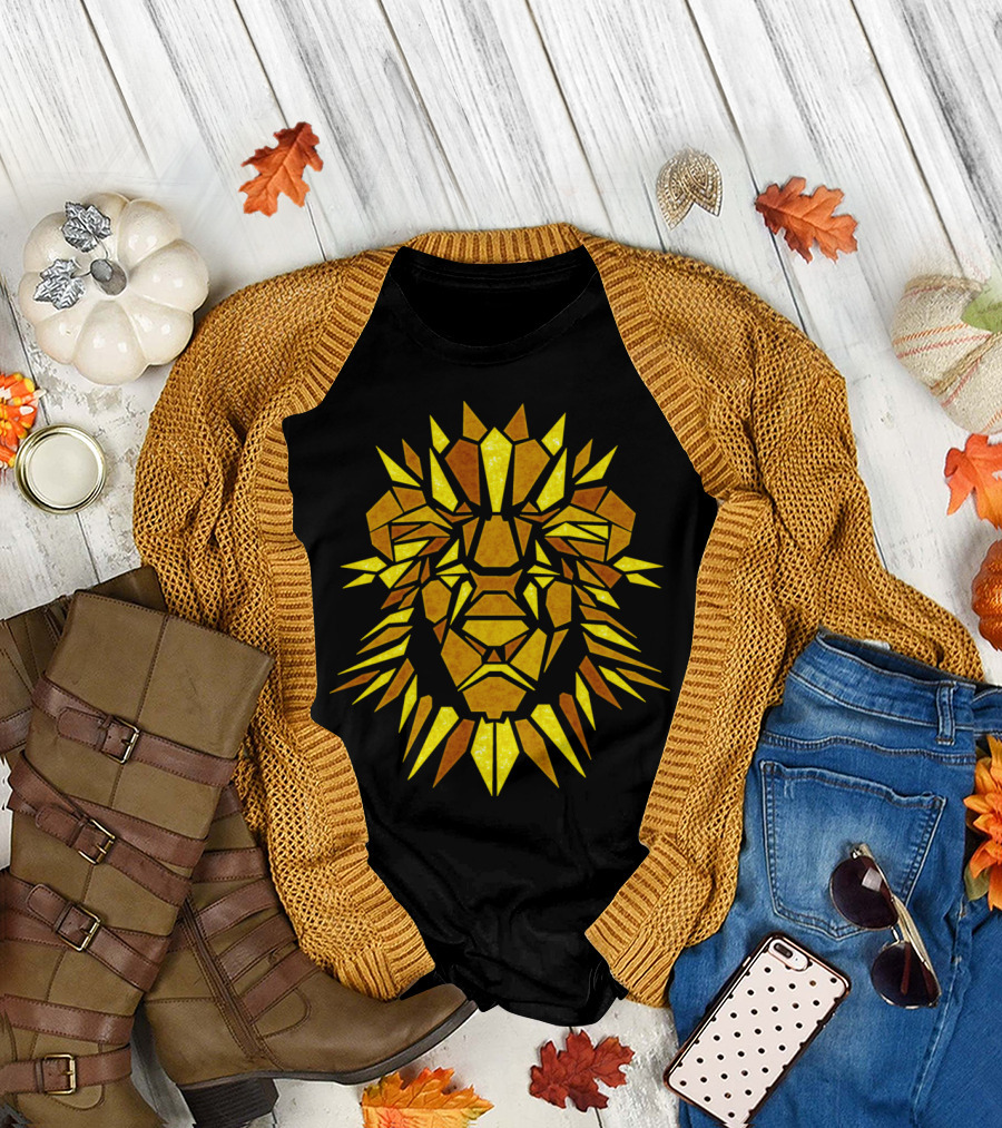 Golden Geometric Lion Head T-Shirt