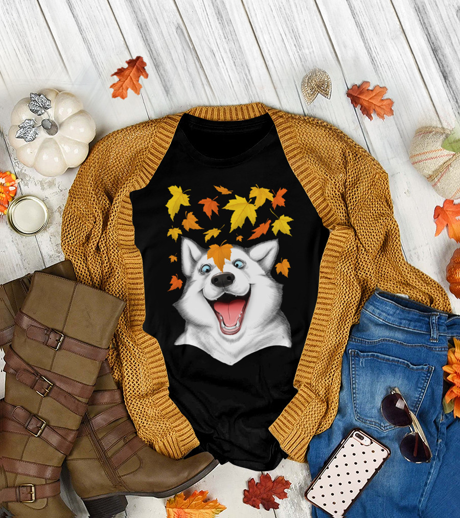 Playful Autumn Leaves with Excited Husky T-Shirt