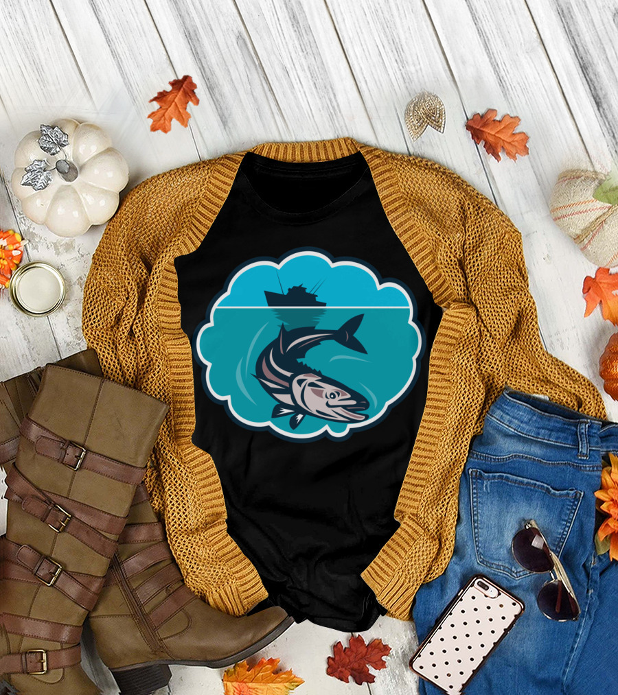 Cobia Fish Underwater with Fishing Boat Silhouette and Blue Bubble T-Shirt