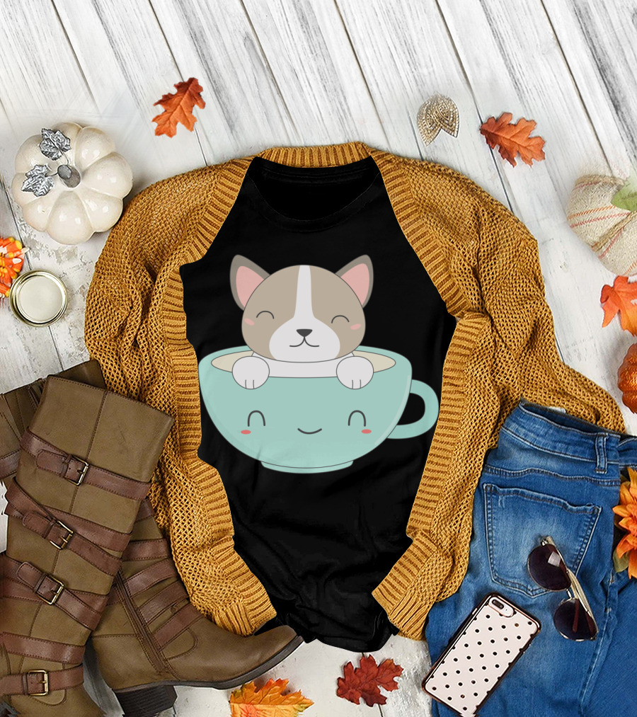Kawaii Puppy in Smiling Coffee Cup T-Shirt
