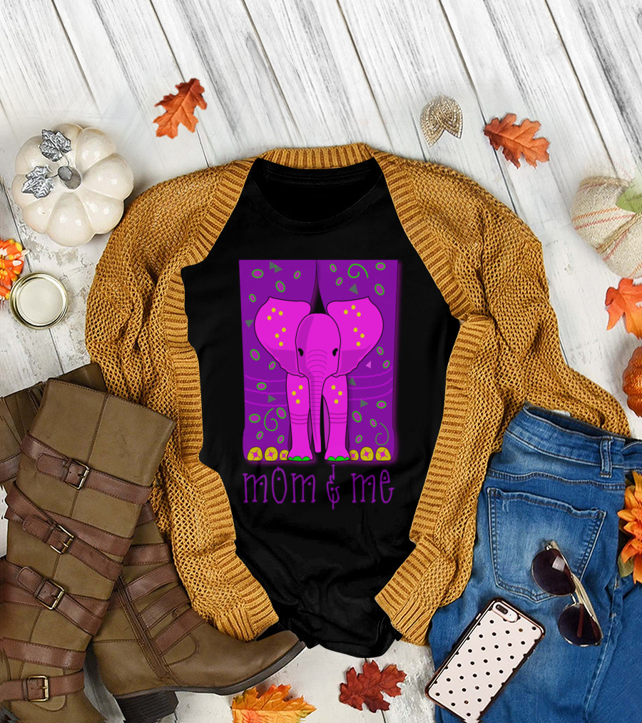 Mom and Me Pink Elephant with Purple Patterned Legs T-Shirt