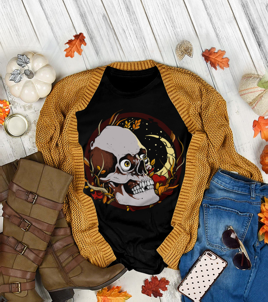 Autumn of the Dead Skull with Moon and Leaves T-Shirt