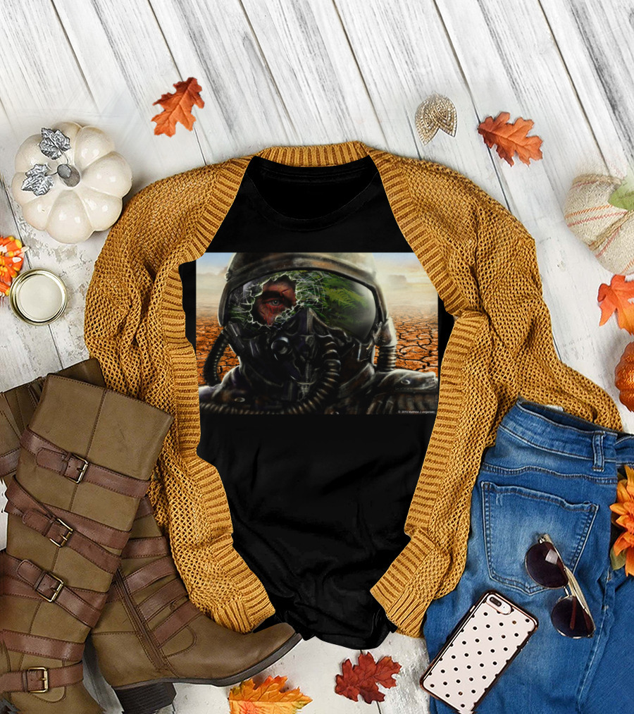 Aftermath Cracked Helmet Reflection Red Eye Desolate Landscape T-Shirt