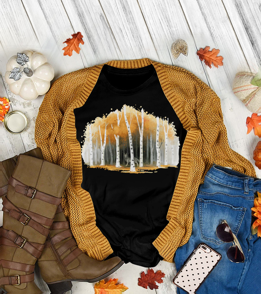 Autumn Wolf Forest Birch Trees T-Shirt