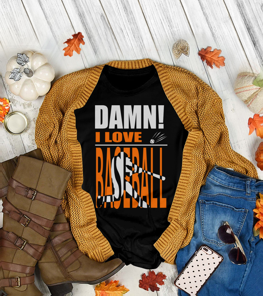 DAMN I LOVE BASEBALL Silhouette Swinging Bat and Ball T-Shirt