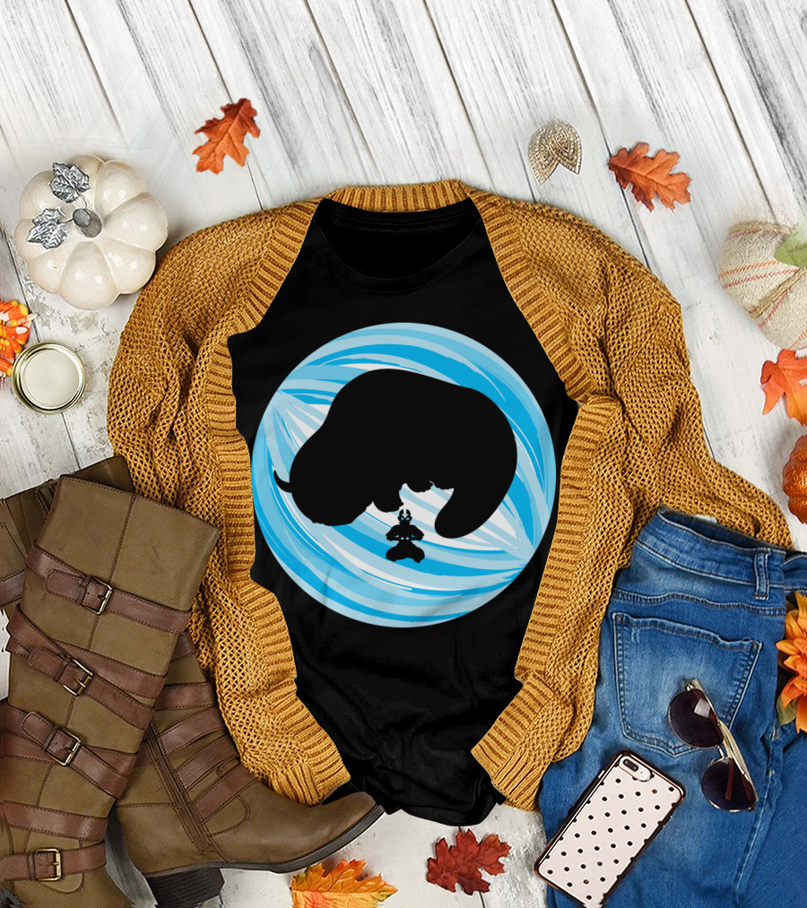 100 Years Appa and Aang Airbending Silhouette in Blue Circle T-Shirt